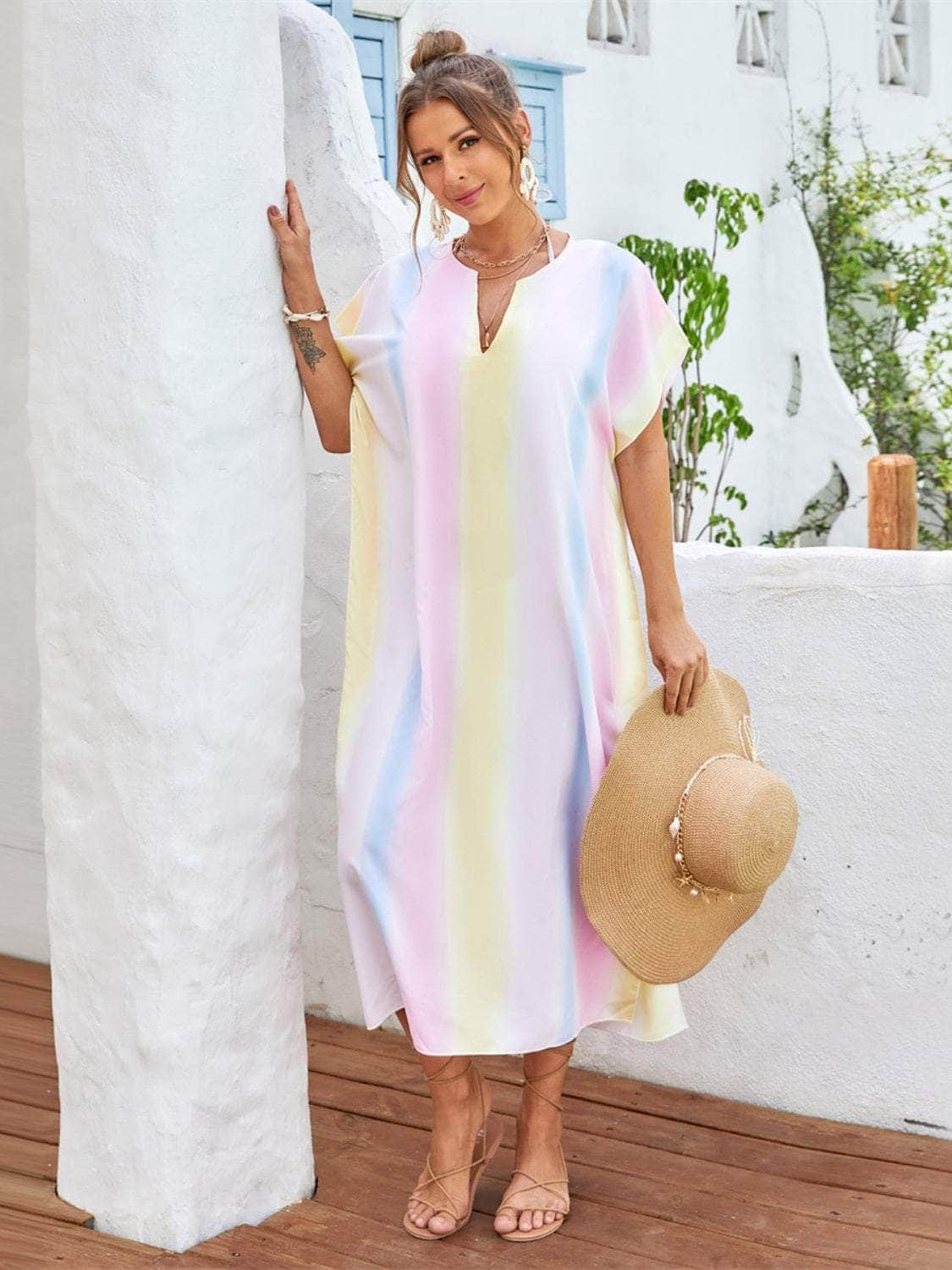 Slit Striped Notched Short Sleeve Cover Up Multicolor / One Size