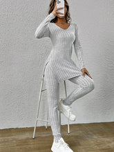 Slit V-Neck Ribbed Top and Pants Set Light Gray / S