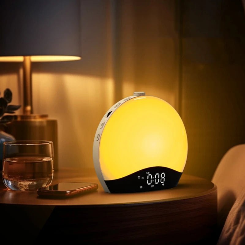 Smart wake-up light alarm clock: sunrise/sunset simulation, FM radio, snooze, LED night light US Plug