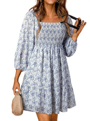 Smocked Floral Square Neck Dress Light Blue / S