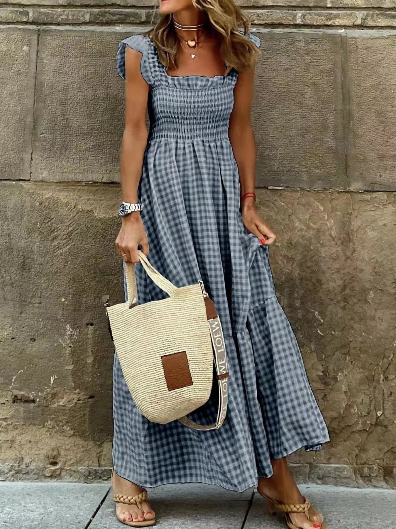 Smocked Gingham Maxi Dress with Ruffle Straps Black / S