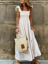 Smocked Gingham Maxi Dress with Ruffle Straps Khaki / S