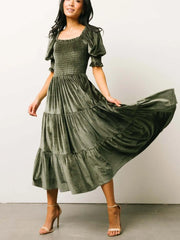 Smocked Half Sleeve Tiered Midi Dress Army Green / S