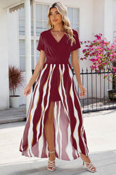 Smocked High-Low Printed Surplice Dress Deep Red / S