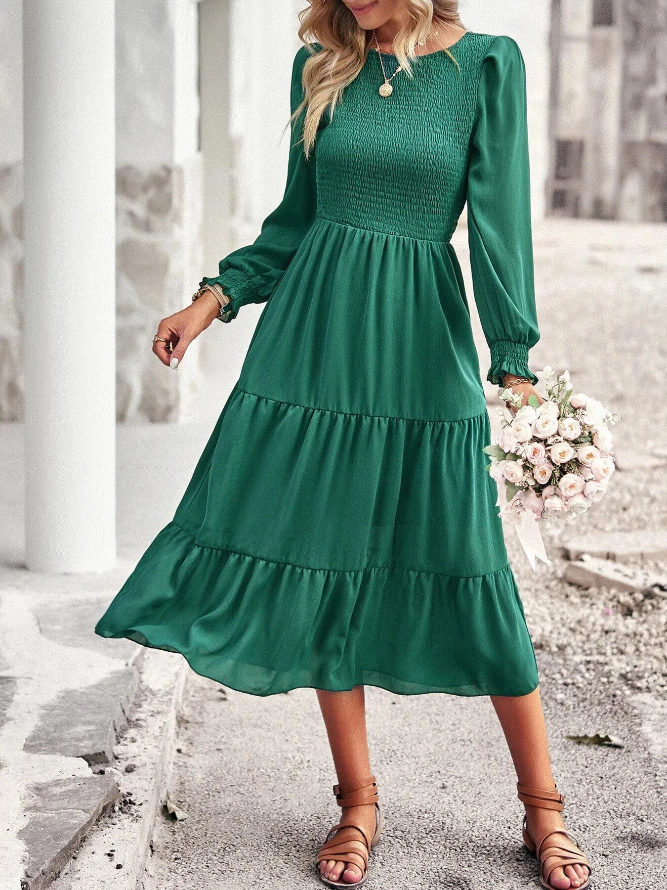 Smocked Long Sleeve Tiered Dress