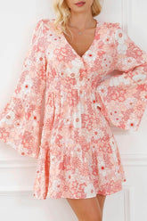 Smocked Printed Flare Sleeve Mini Dress Floral / S