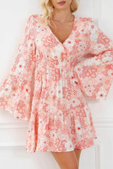Smocked Printed Flare Sleeve Mini Dress Floral / S