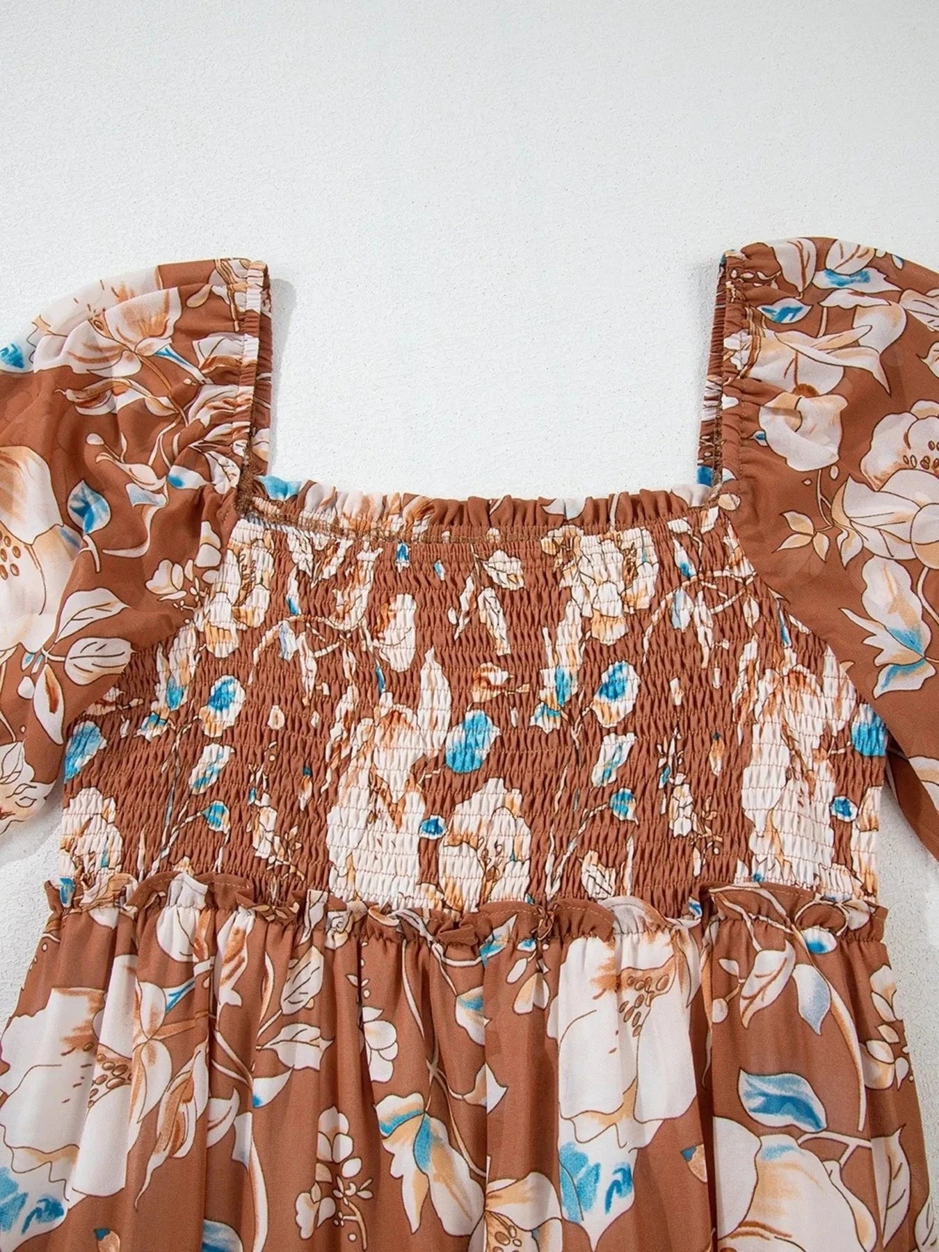 Smocked Printed Long Sleeve Tiered Dress