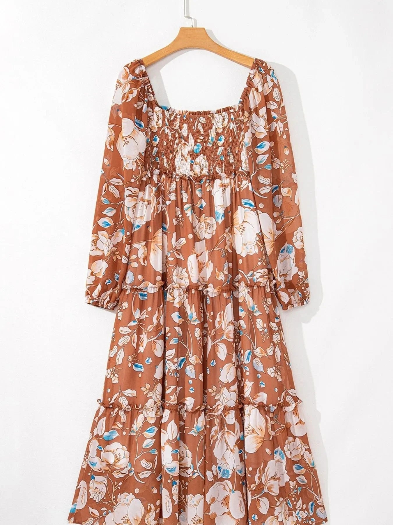 Smocked Printed Long Sleeve Tiered Dress