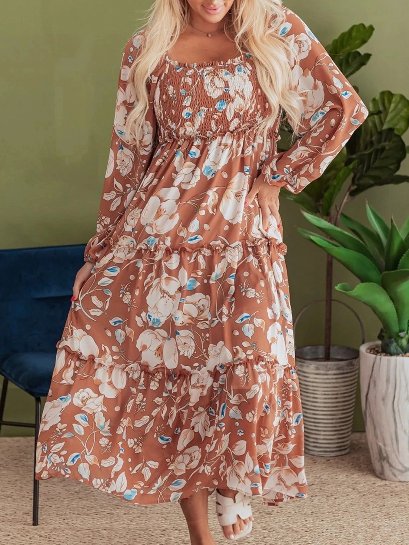 Smocked Printed Long Sleeve Tiered Dress Floral / S