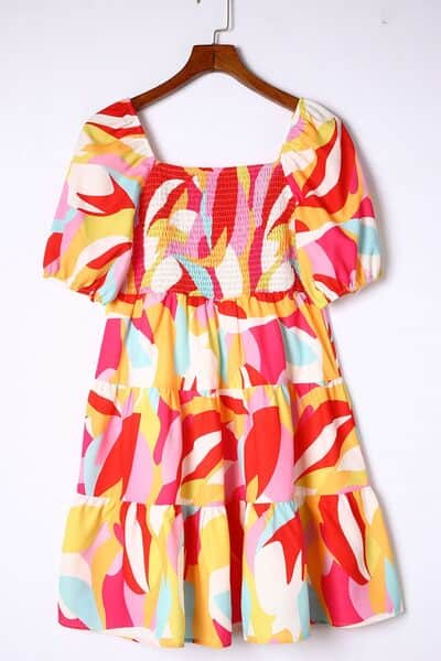 Smocked Printed Puff Sleeve Mini Dress