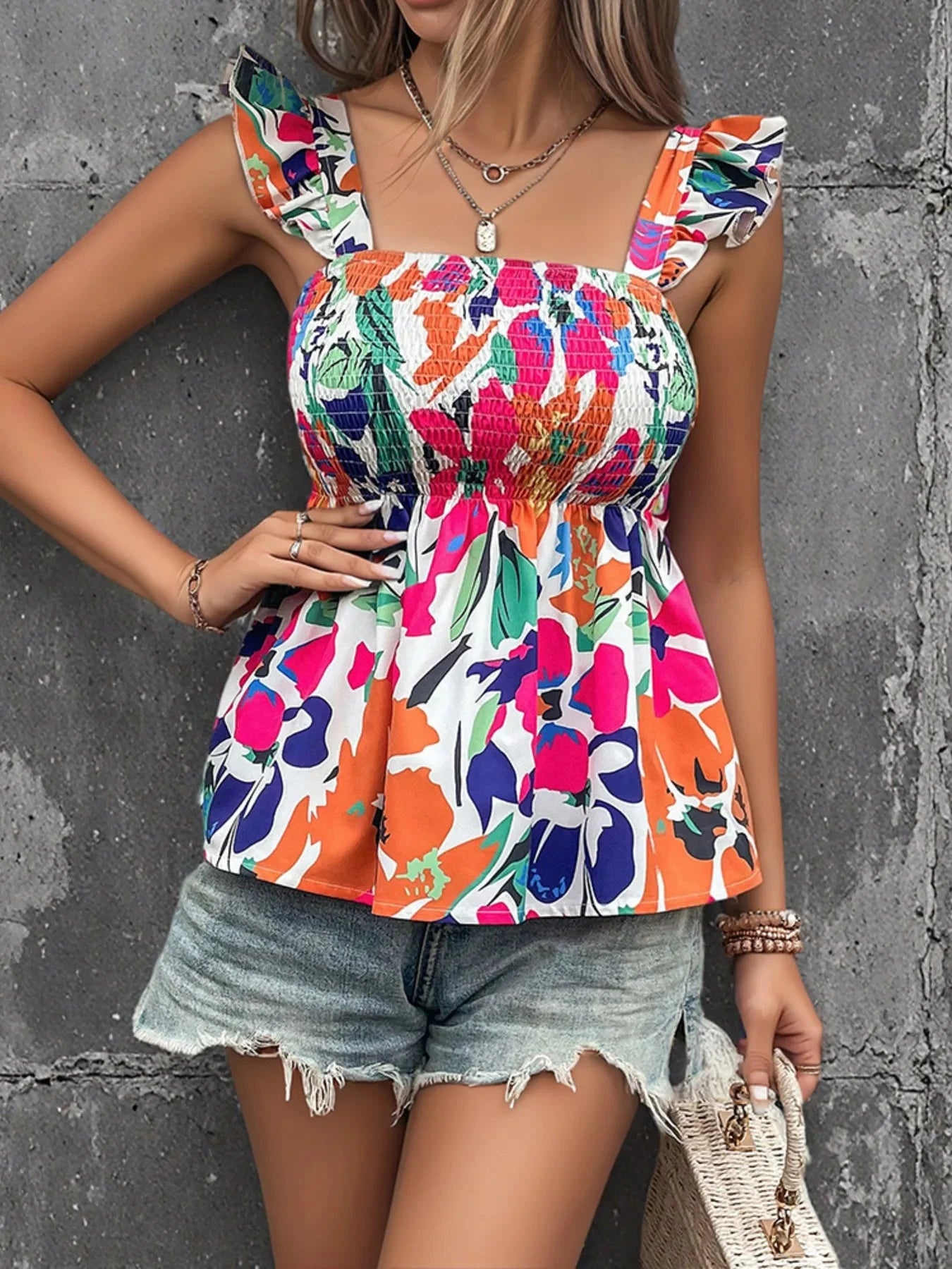 Smocked Printed Ruffled Blouse