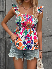 Smocked Printed Ruffled Blouse