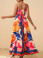 Smocked Printed Spaghetti Strap Maxi Summer Dress