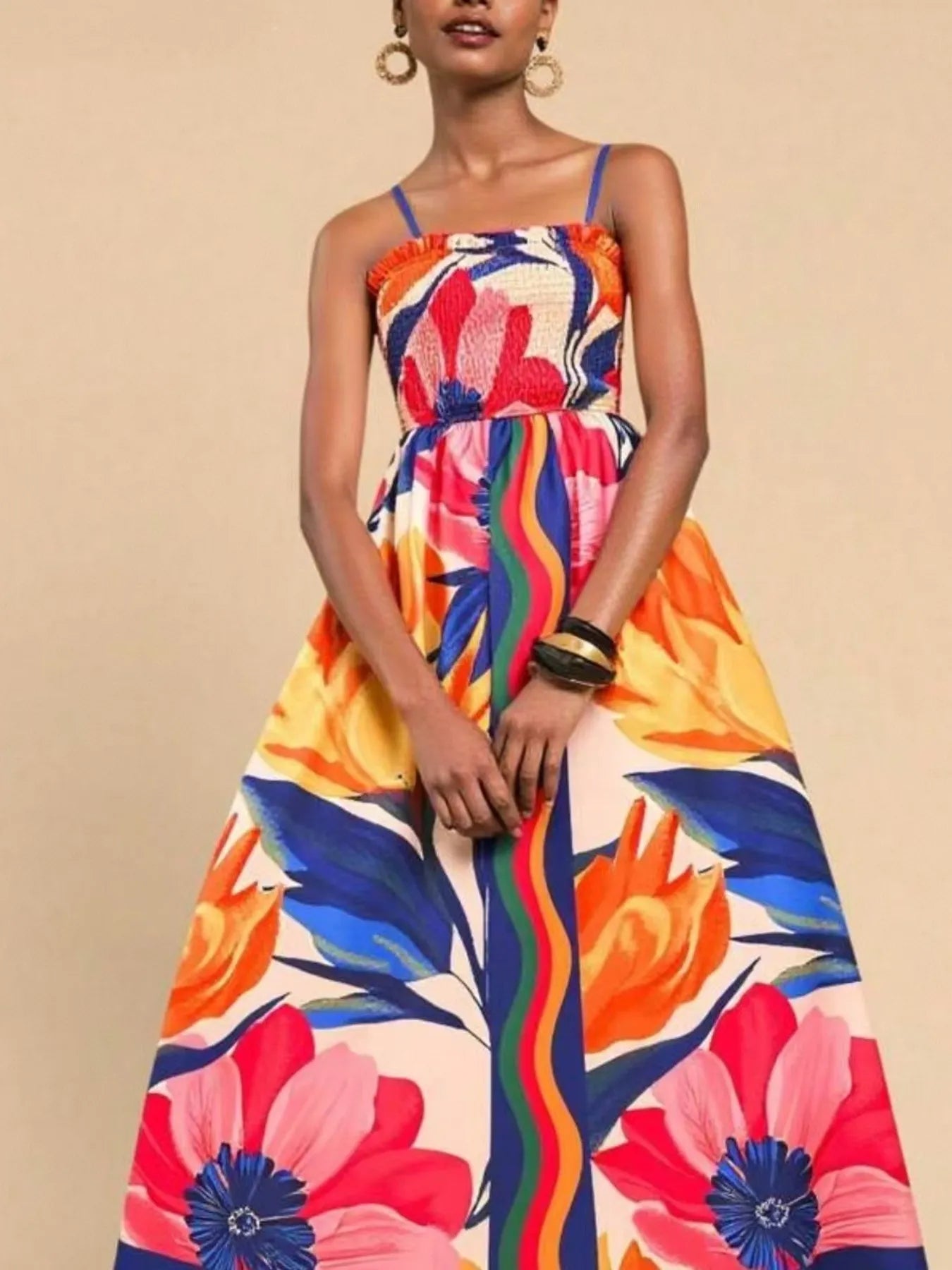 Smocked Printed Spaghetti Strap Maxi Summer Dress