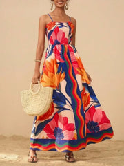 Smocked Printed Spaghetti Strap Maxi Summer Dress Red / S