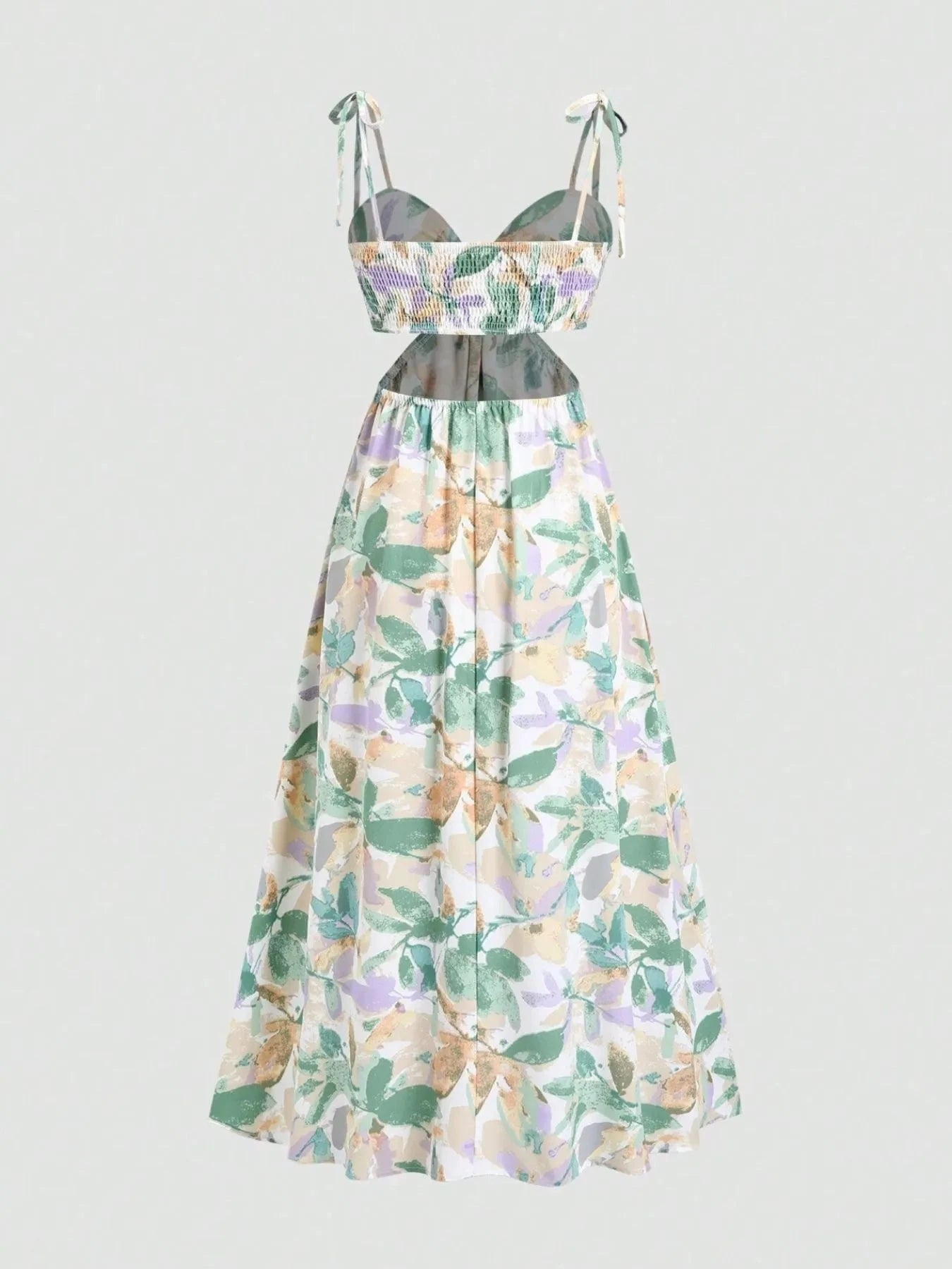 Smocked Printed Tie-Shoulder Dress