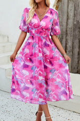 Smocked Printed V-Neck Short Sleeve Dress Hot Pink / S