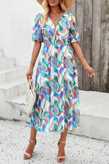 Smocked Printed V-Neck Short Sleeve Dress Multicolor / S