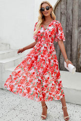 Smocked Printed V-Neck Short Sleeve Dress Strawberry / S