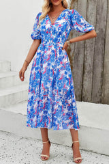 Smocked Printed V-Neck Short Sleeve Dress Ultra marine / S