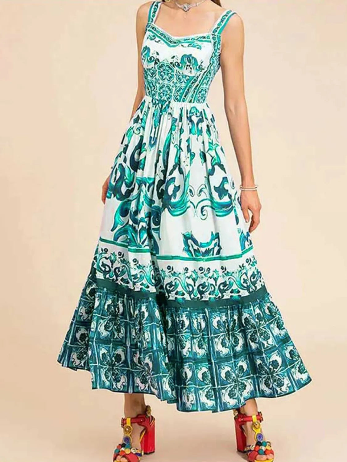 Smocked Printed Wide Strap Dress Green / S
