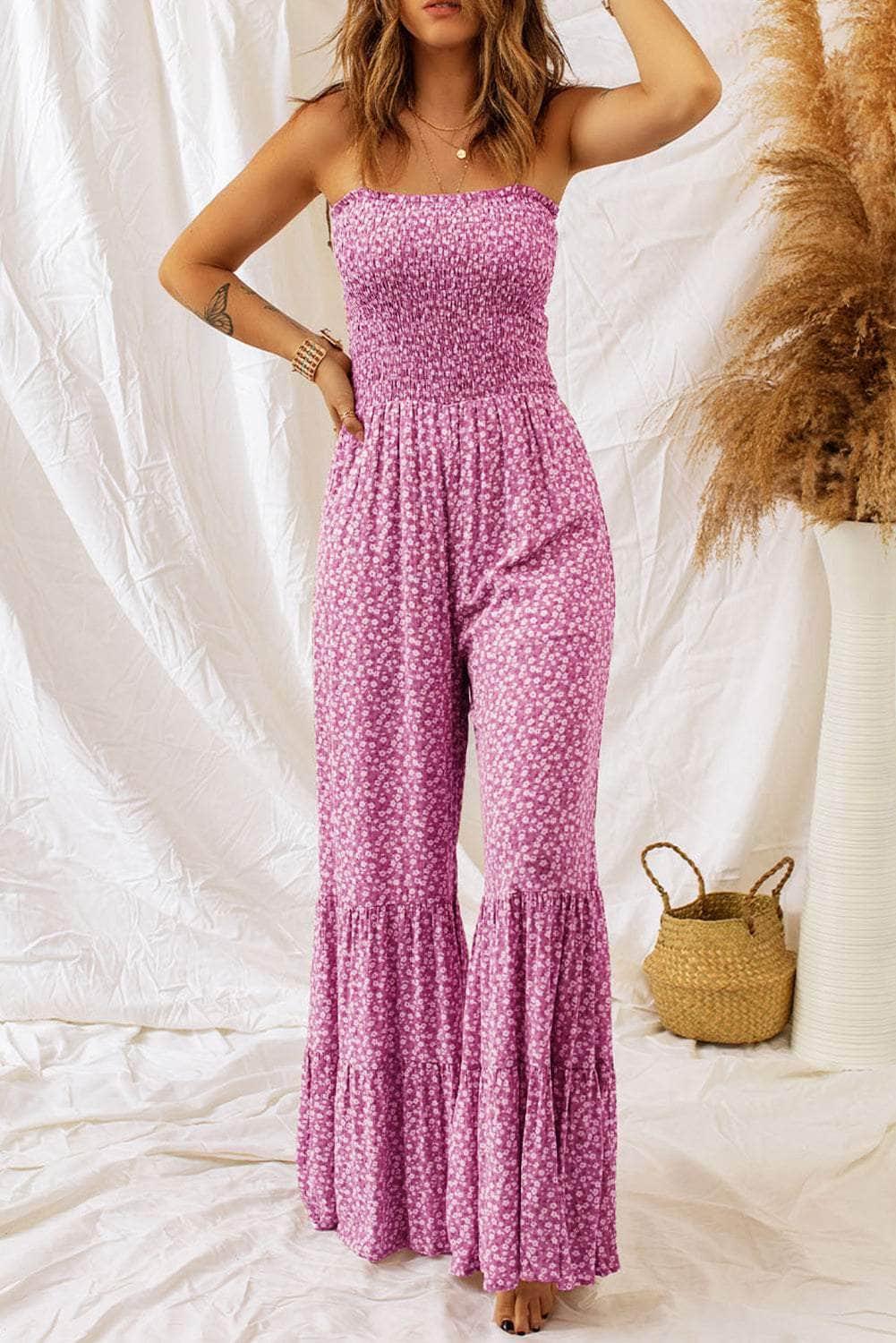 Smocked Printed Wide Strap Jumpsuit Hot Pink / S