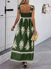 Smocked Printed Wide Strap Maxi Dress