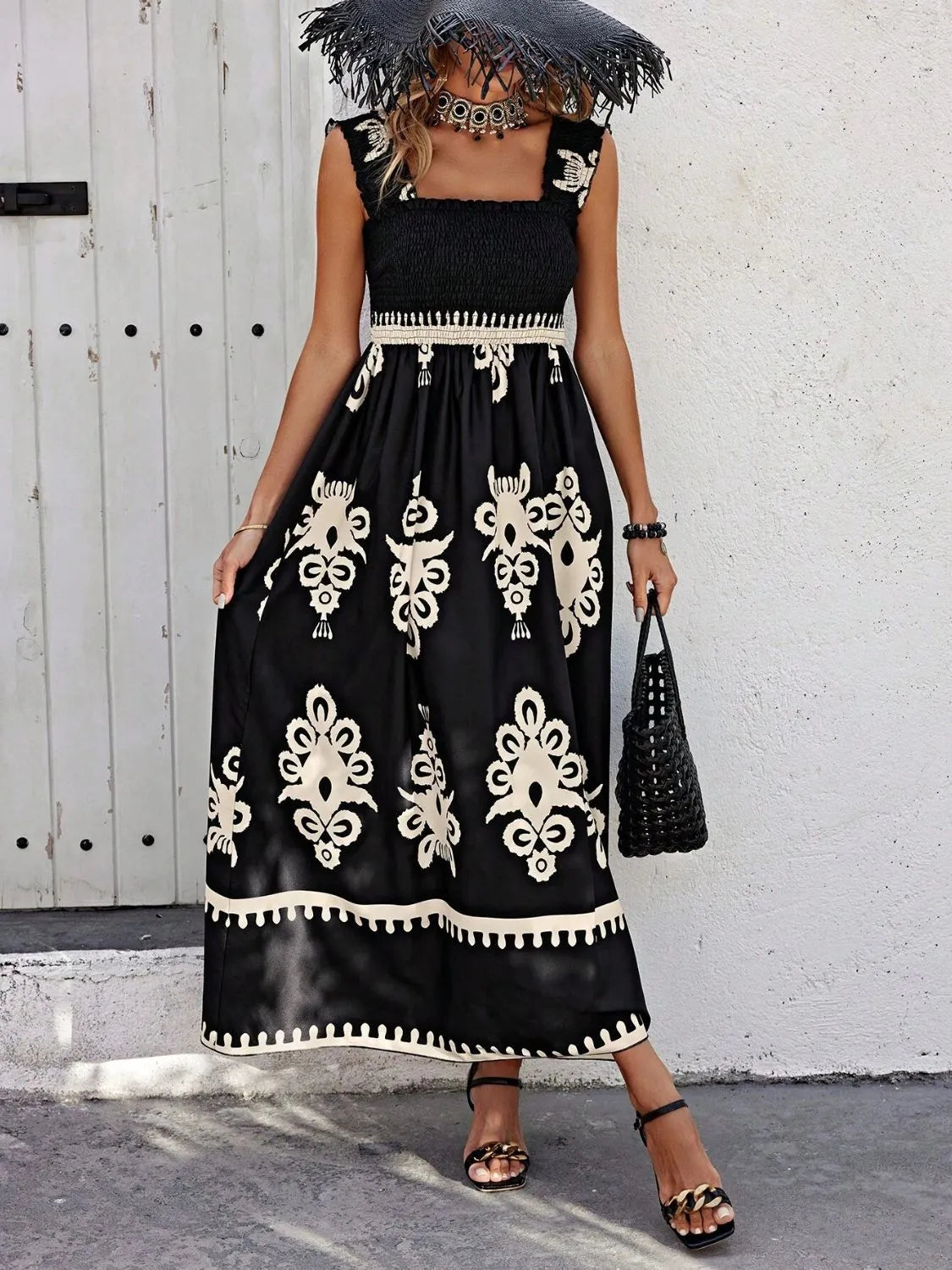 Smocked Printed Wide Strap Maxi Dress Black / S
