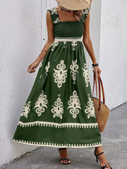 Smocked Printed Wide Strap Maxi Dress Dark Green / S