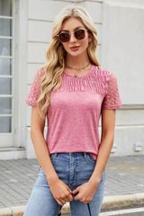 Smocked Round Neck Short Sleeve T-Shirt Dusty Pink / XL