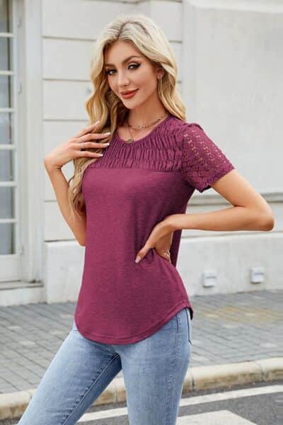 Smocked Round Neck Short Sleeve T-Shirt Red-Violet / S