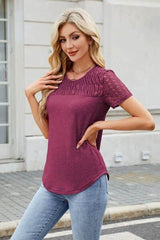Smocked Round Neck Short Sleeve T-Shirt Red-Violet / S