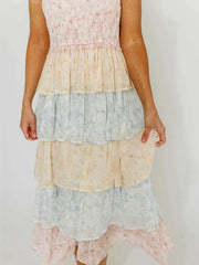 Smocked Ruffle Layered Floral Midi Dress