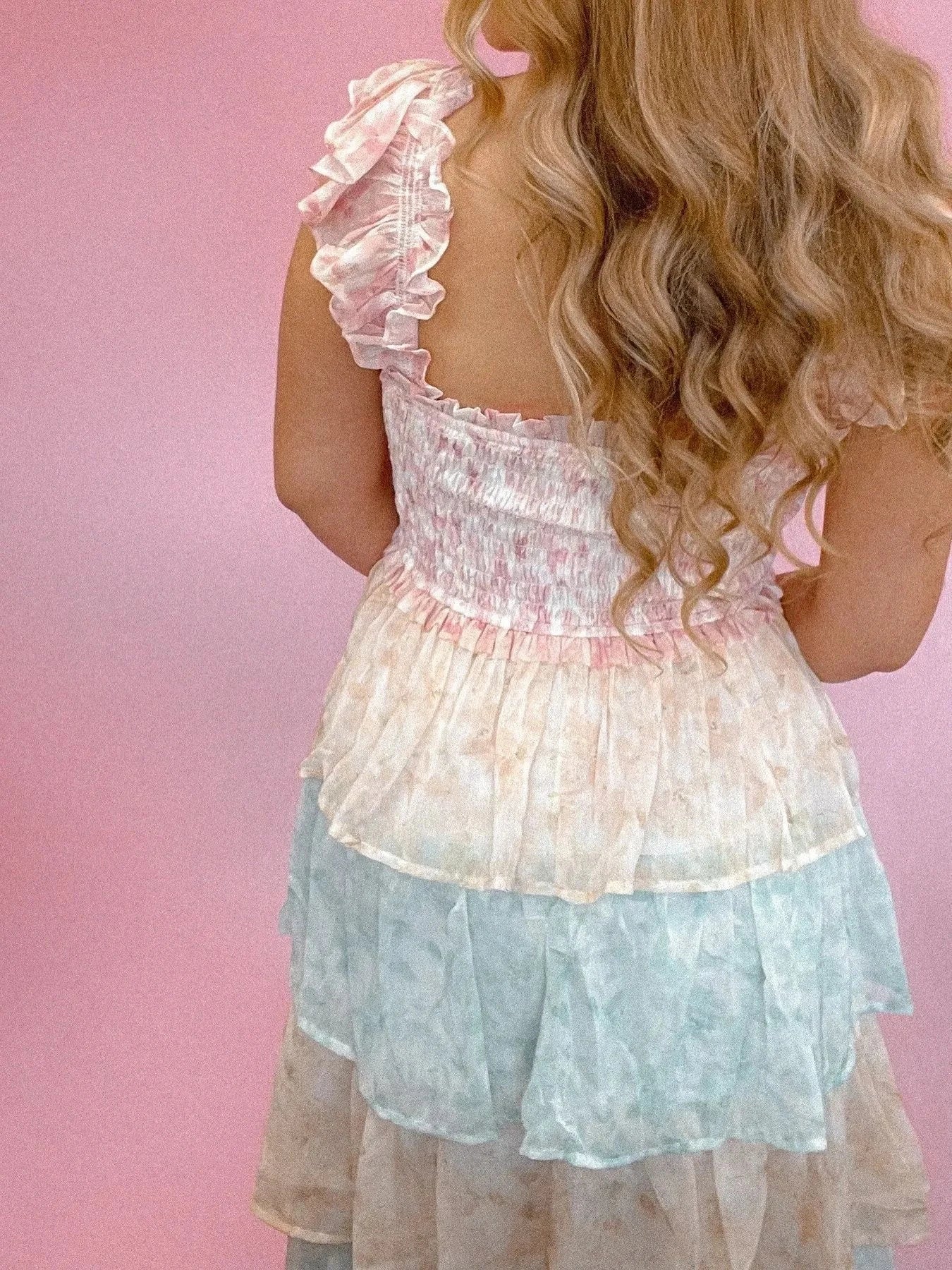 Smocked Ruffle Layered Floral Midi Dress