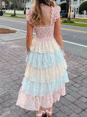 Smocked Ruffle Layered Floral Midi Dress