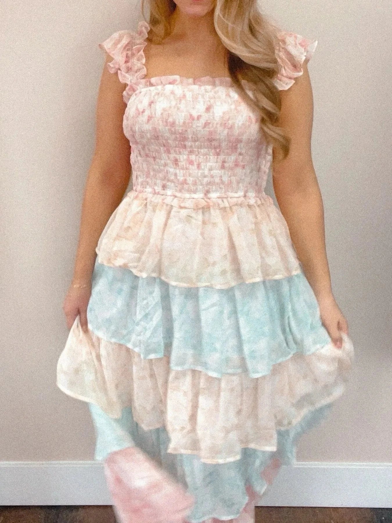 Smocked Ruffle Layered Floral Midi Dress