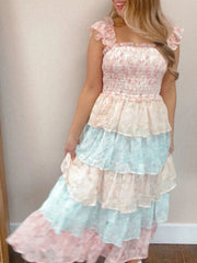 Smocked Ruffle Layered Floral Midi Dress