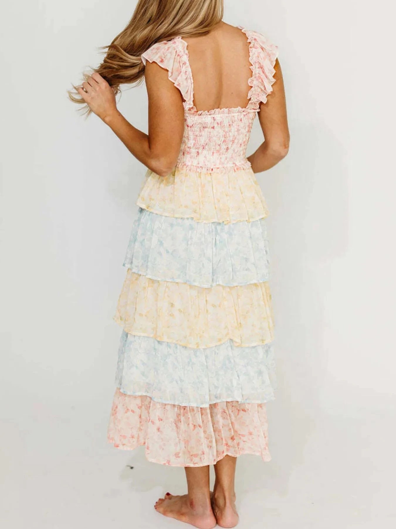 Smocked Ruffle Layered Floral Midi Dress