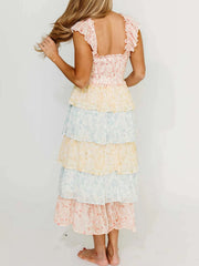 Smocked Ruffle Layered Floral Midi Dress