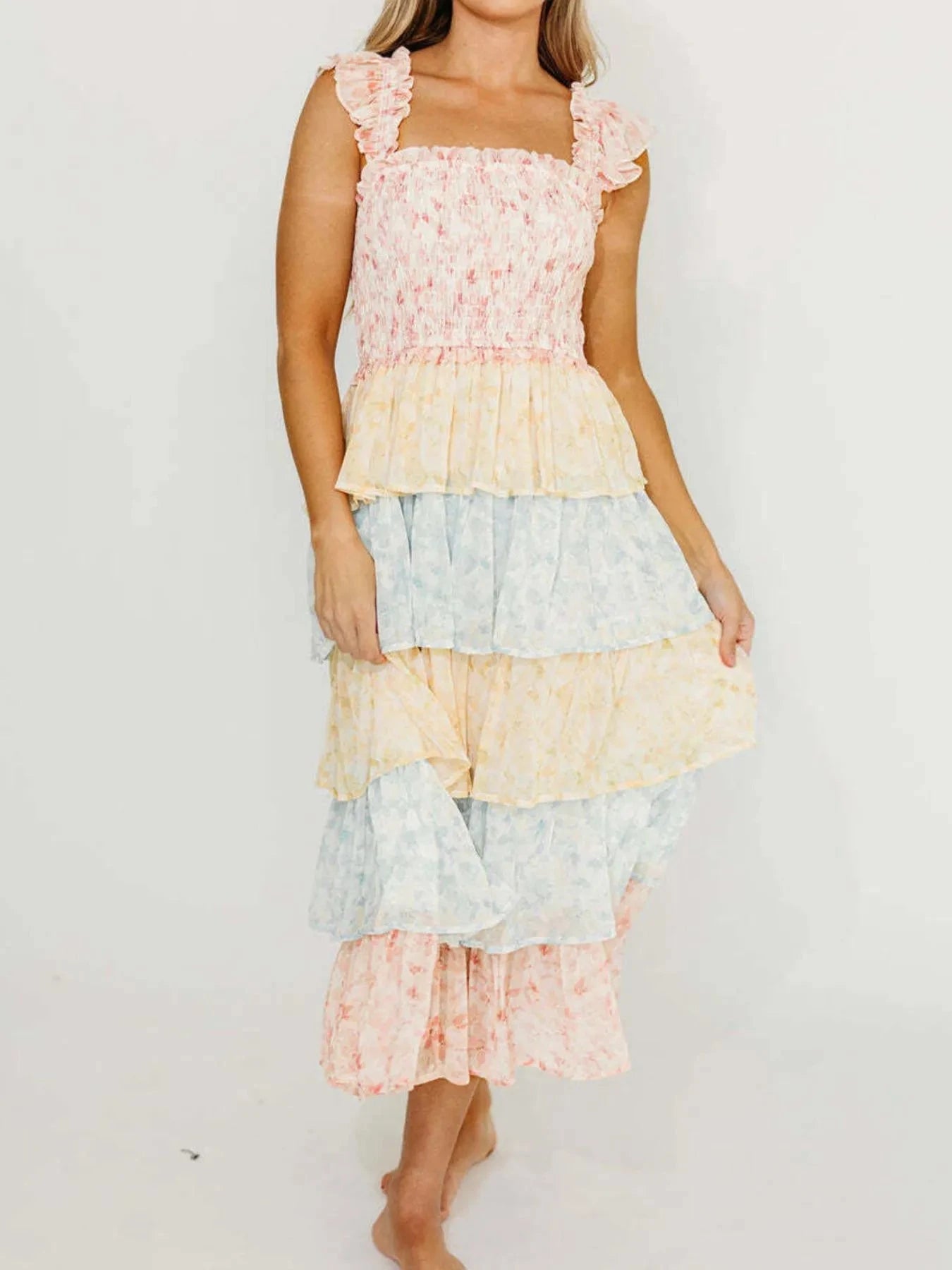 Smocked Ruffle Layered Floral Midi Dress