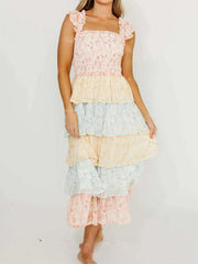 Smocked Ruffle Layered Floral Midi Dress