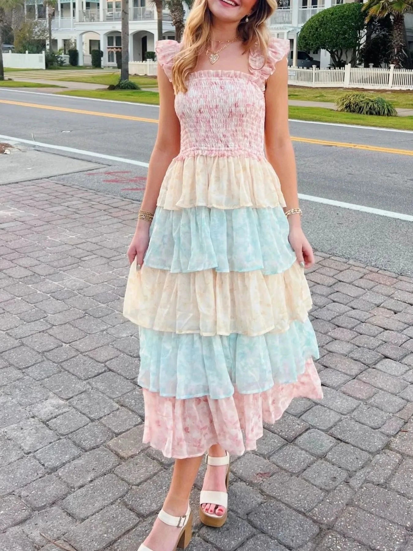 Smocked Ruffle Layered Floral Midi Dress