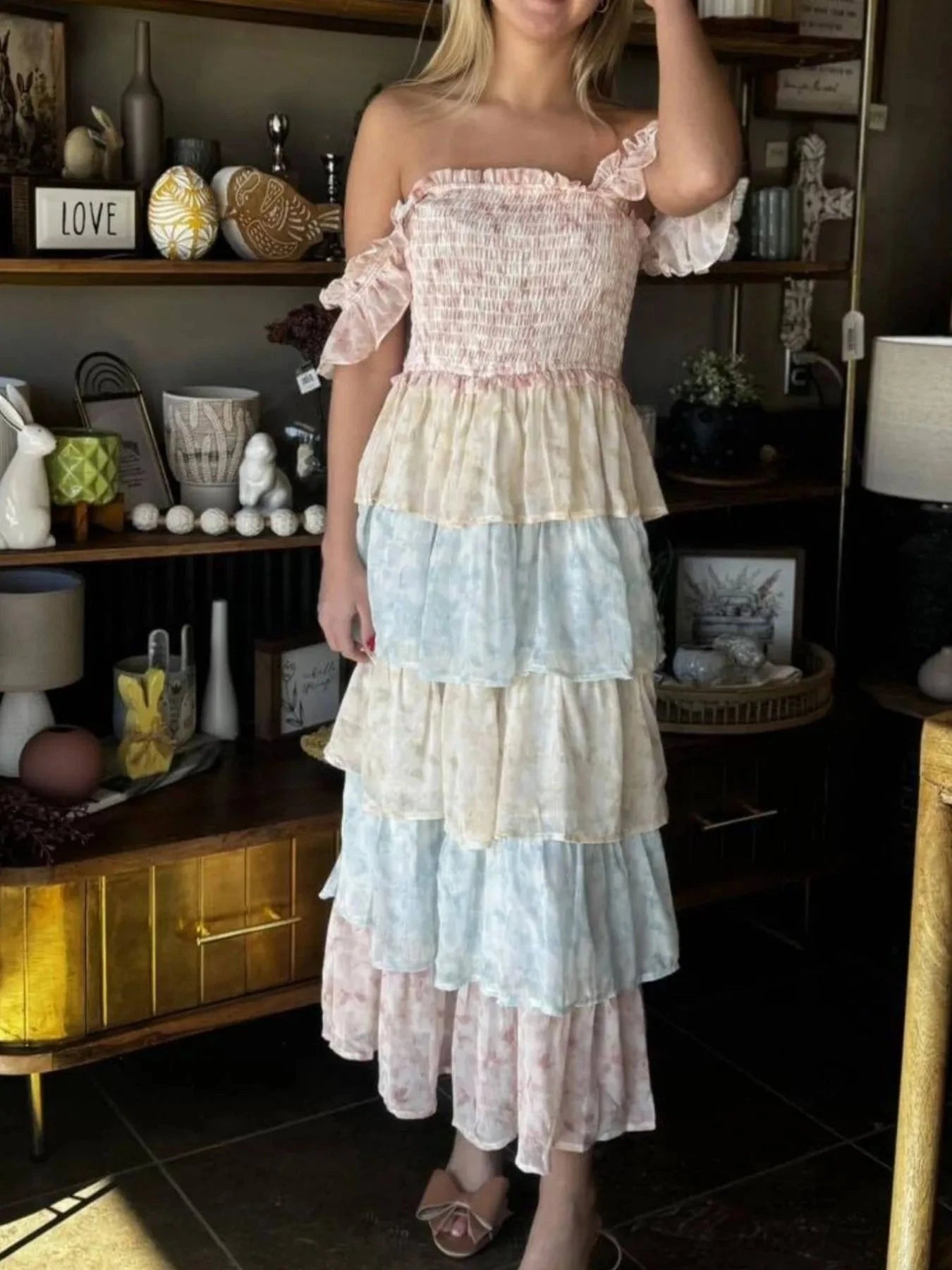 Smocked Ruffle Layered Floral Midi Dress