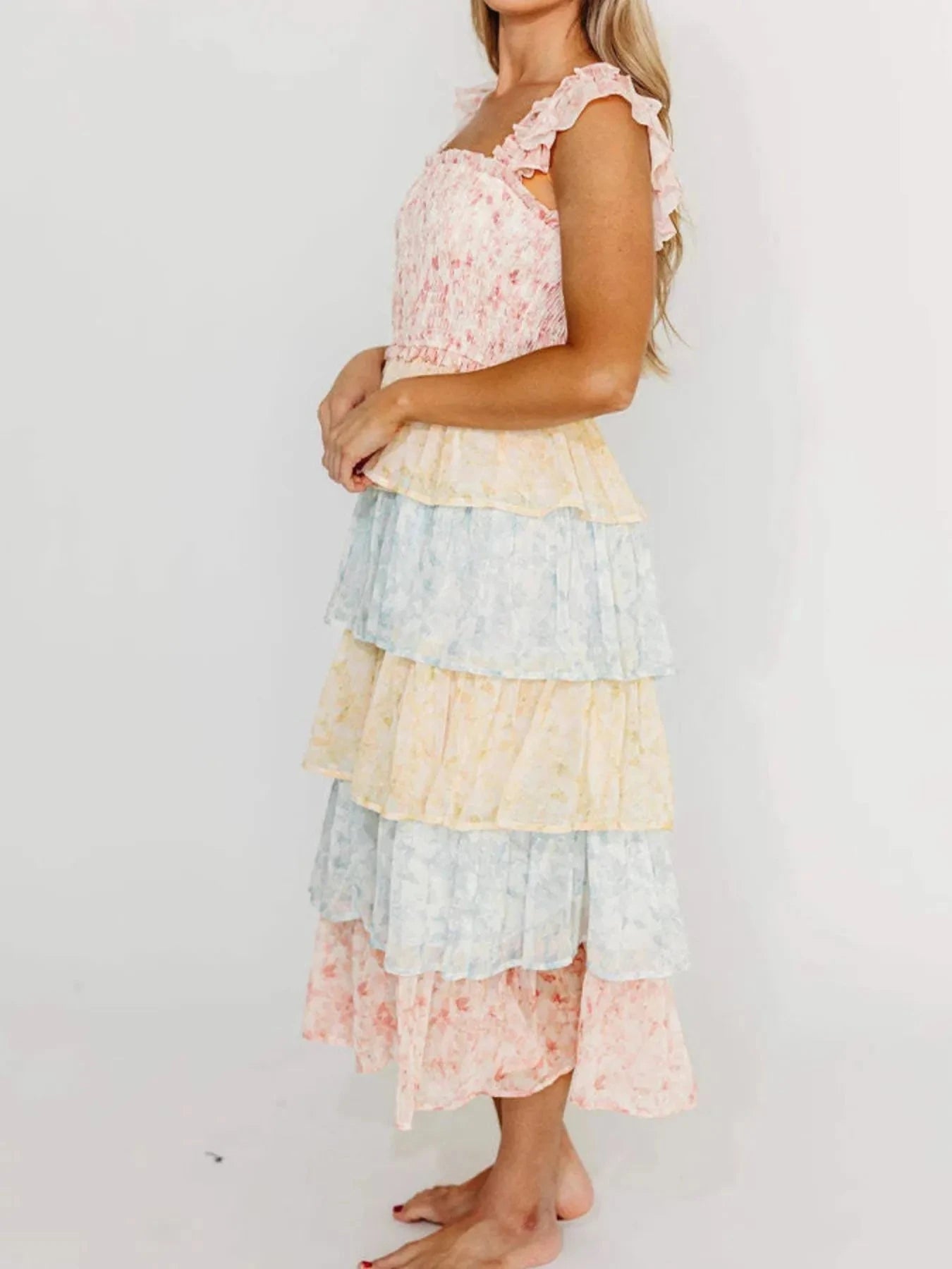 Smocked Ruffle Layered Floral Midi Dress