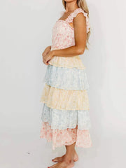 Smocked Ruffle Layered Floral Midi Dress