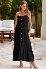 Smocked Spaghetti Strap Ruffle Hem Dress Black / S