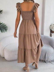 Smocked Square Neck Cap Sleeve Midi Dress Camel / S