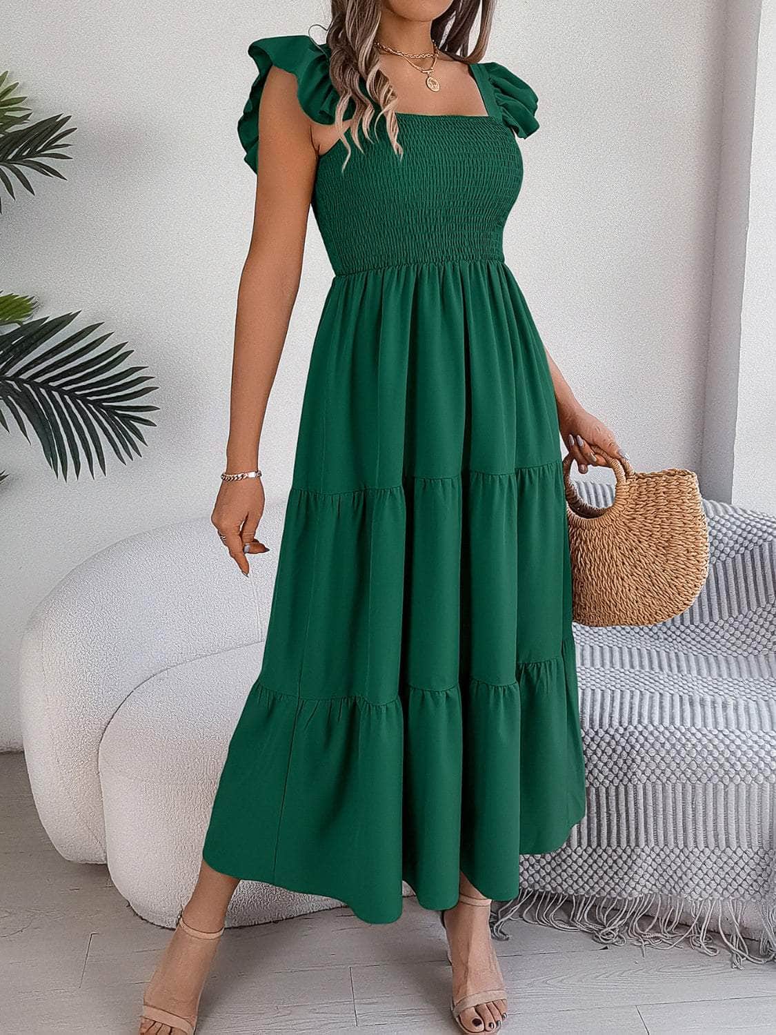 Smocked Square Neck Cap Sleeve Midi Dress Dark Green / S