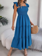 Smocked Square Neck Cap Sleeve Midi Dress Royal Blue / S